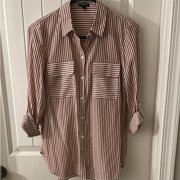 Express Tops - Express Brown & White Striped Button-Down Shirt Women’s Roll-Tab Sleeves, SZ XS